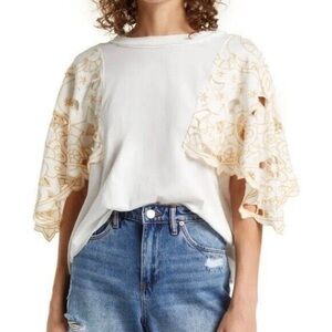 NWT Free People White T-shirt Gold moon stars embroidered angel sleeves …